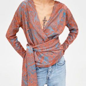 ZARA Mettalic Shimmer Wrap Tap Burn Orange L NWT